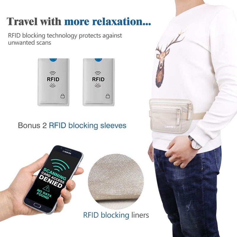 LANNEY Travel Money Belt Hidden Waist Stash Wallet RFID Blocking Anti-Theft Passport Holder for Men Women, Cream - Image 5